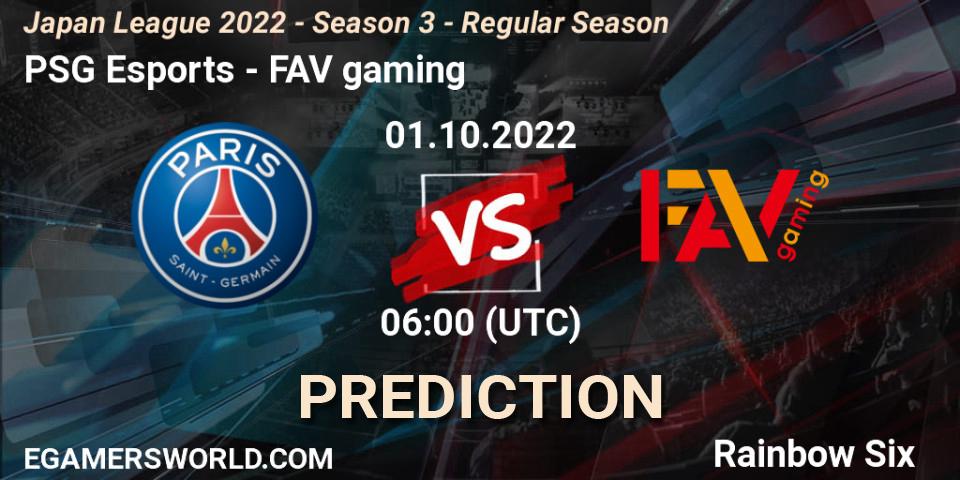 PSG Esports contre FAV gaming : prédiction de match. 01.10.2022 at 06:00. Rainbow Six, Japan League 2022 - Season 3 - Regular Season