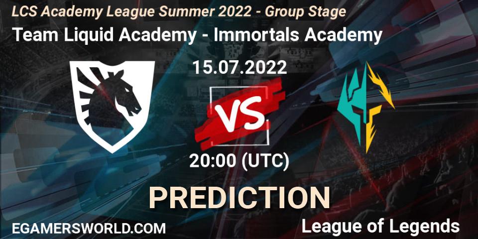 Team Liquid Academy contre Immortals Academy : prédiction de match. 15.07.2022 at 20:00. LoL, LCS Academy League Summer 2022 - Group Stage