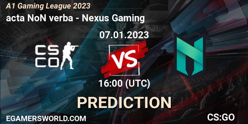 acta NoN verba contre Nexus Gaming : prédiction de match. 07.01.2023 at 16:00. Counter-Strike (CS2), A1 Gaming League 2023