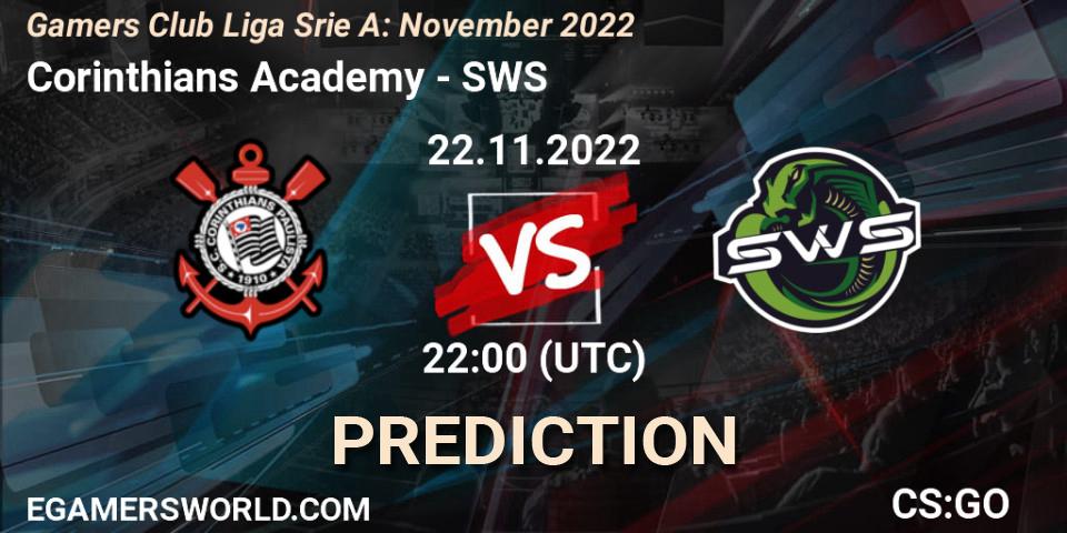 Corinthians Academy contre SWS : prédiction de match. 22.11.2022 at 22:00. Counter-Strike (CS2), Gamers Club Liga Série A: November 2022