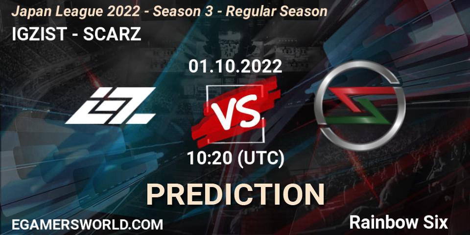IGZIST contre SCARZ : prédiction de match. 01.10.2022 at 10:20. Rainbow Six, Japan League 2022 - Season 3 - Regular Season
