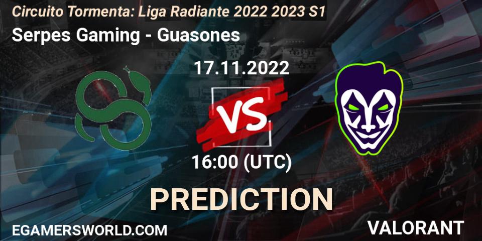 Serpes Gaming contre Guasones : prédiction de match. 24.11.2022 at 18:00. VALORANT, Circuito Tormenta: Liga Radiante 2022 2023 S1