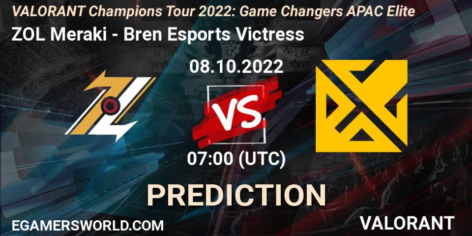 ZOL Meraki contre Bren Esports Victress : prédiction de match. 08.10.2022 at 08:30. VALORANT, VCT 2022: Game Changers APAC Elite