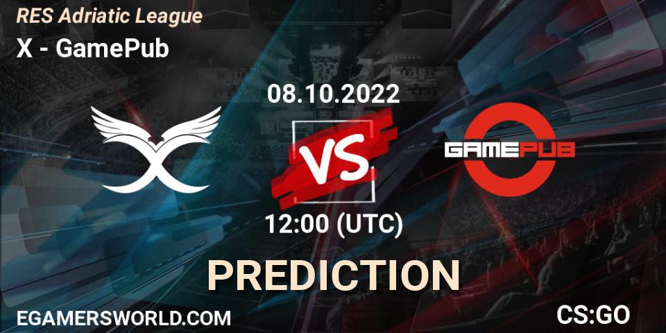 X contre GamePub : prédiction de match. 08.10.2022 at 12:00. Counter-Strike (CS2), RES Adriatic League