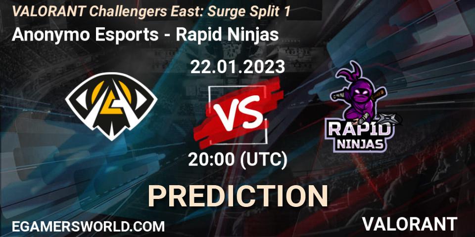 Anonymo Esports contre Rapid Ninjas : prédiction de match. 22.01.2023 at 20:40. VALORANT, VALORANT Challengers 2023 East: Surge Split 1