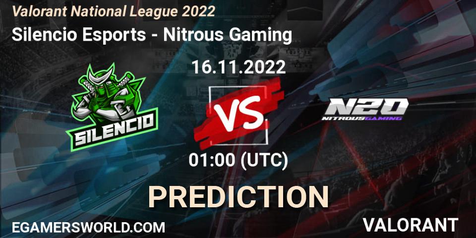 Silencio Esports contre Nitrous Gaming : prédiction de match. 16.11.2022 at 01:30. VALORANT, Valorant National League 2022