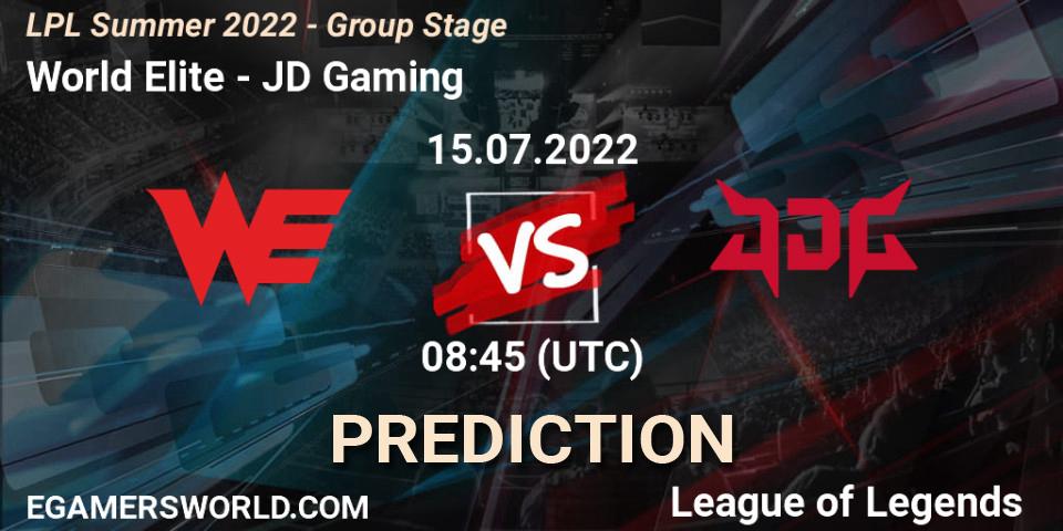 World Elite contre JD Gaming : prédiction de match. 15.07.2022 at 09:00. LoL, LPL Summer 2022 - Group Stage