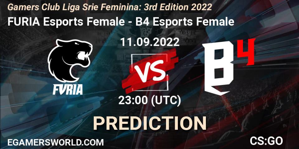 FURIA Esports Female contre B4 Esports Female : prédiction de match. 11.09.2022 at 23:00. Counter-Strike (CS2), Gamers Club Liga Série Feminina: 3rd Edition 2022