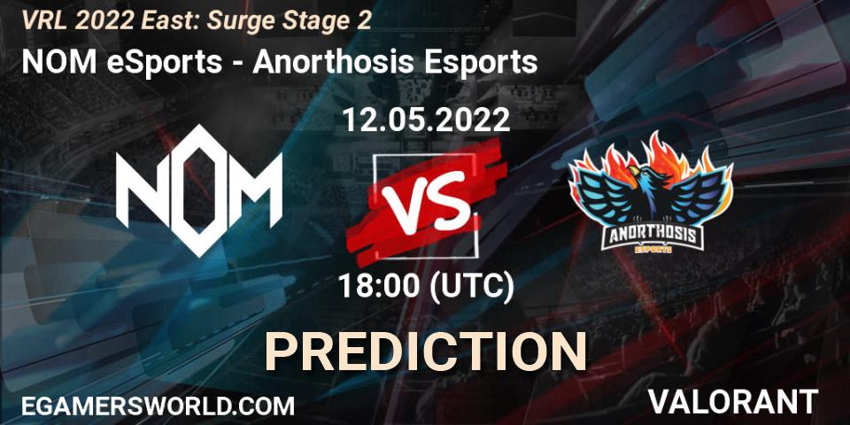 NOM eSports contre Anorthosis Esports : prédiction de match. 12.05.2022 at 18:45. VALORANT, VRL 2022 East: Surge Stage 2