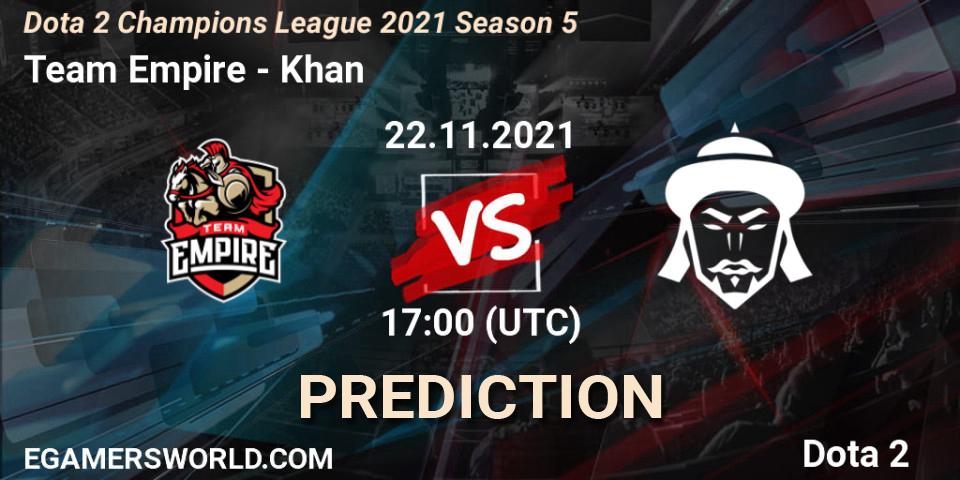 Team Empire contre Khan : prédiction de match. 22.11.2021 at 17:00. Dota 2, Dota 2 Champions League 2021 Season 5