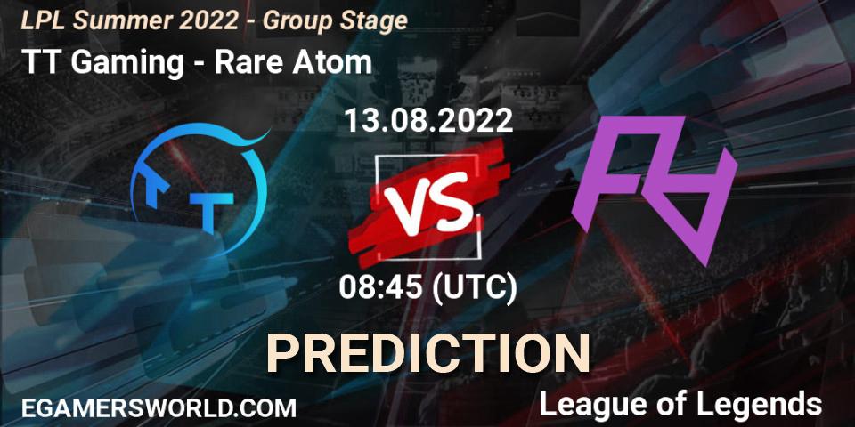 TT Gaming contre Rare Atom : prédiction de match. 13.08.2022 at 09:00. LoL, LPL Summer 2022 - Group Stage