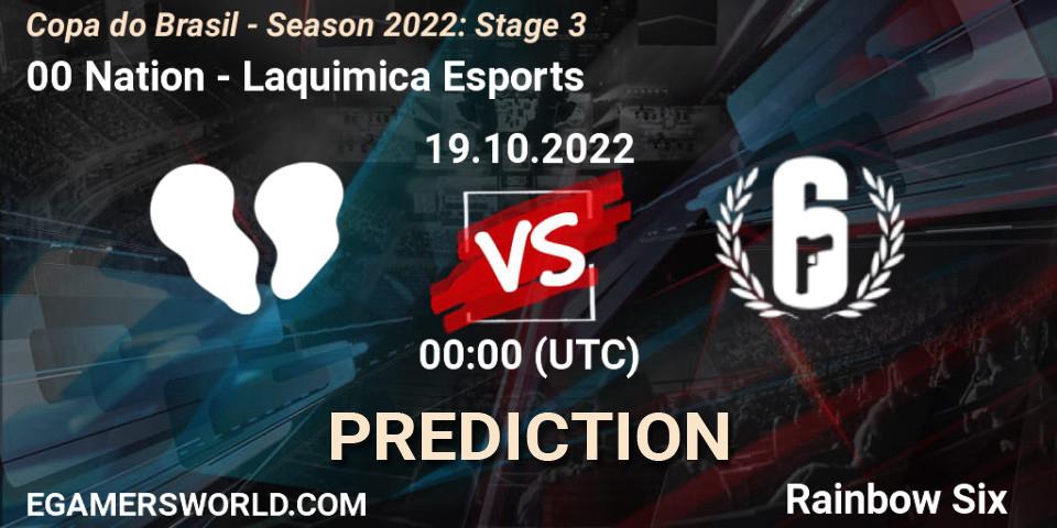 00 Nation contre Laquimica Esports : prédiction de match. 19.10.2022 at 00:00. Rainbow Six, Copa do Brasil - Season 2022: Stage 3