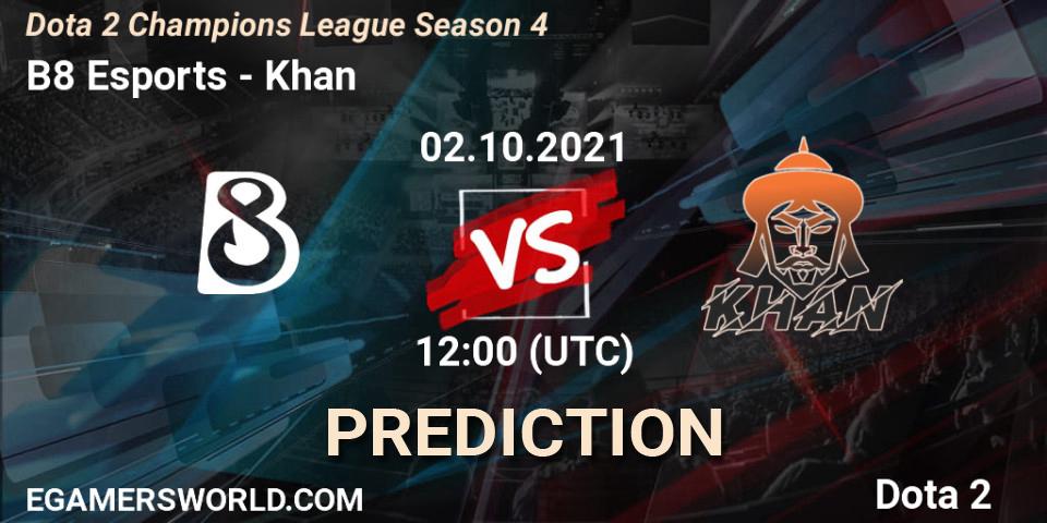 B8 Esports contre Khan : prédiction de match. 02.10.2021 at 12:15. Dota 2, Dota 2 Champions League Season 4