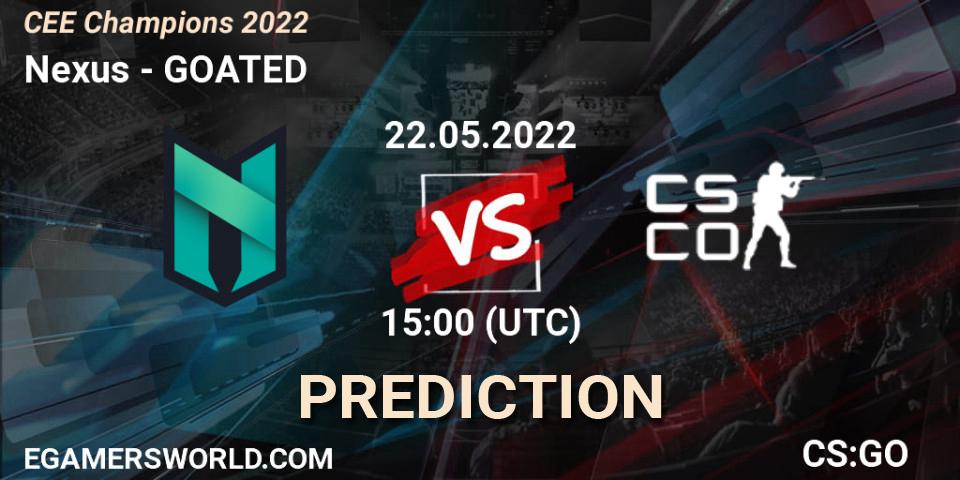 Nexus contre GOATED : prédiction de match. 22.05.2022 at 15:00. Counter-Strike (CS2), CEE Champions 2022