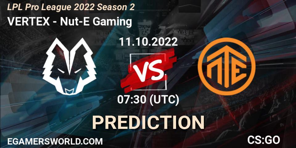 VERTEX contre Nut-E Gaming : prédiction de match. 11.10.2022 at 07:30. Counter-Strike (CS2), LPL Pro League 2022 Season 2