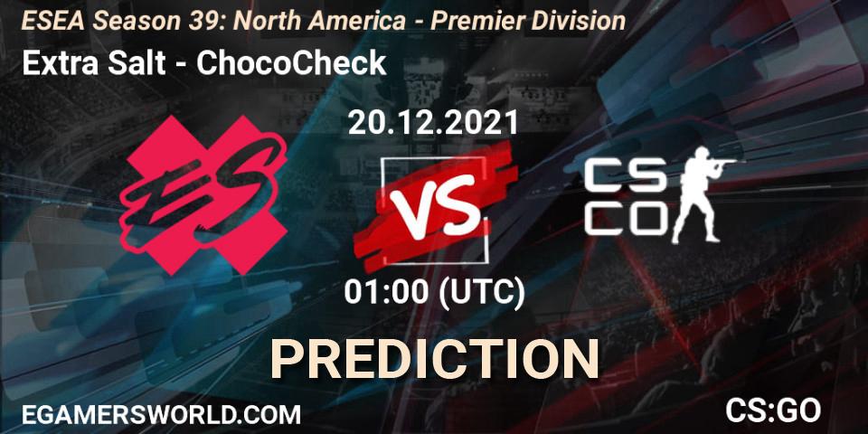 Extra Salt contre ChocoCheck : prédiction de match. 20.12.2021 at 01:00. Counter-Strike (CS2), ESEA Season 39: North America - Premier Division