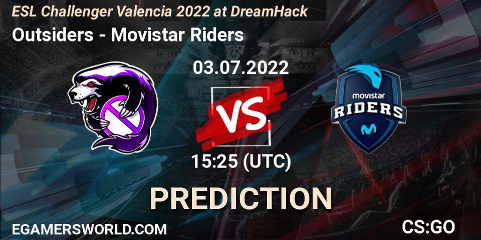 Outsiders contre Movistar Riders : prédiction de match. 03.07.2022 at 15:25. Counter-Strike (CS2), ESL Challenger Valencia 2022 at DreamHack
