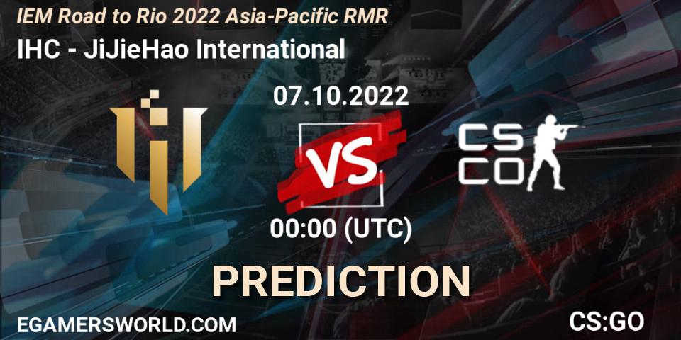 IHC contre JiJieHao International : prédiction de match. 07.10.2022 at 00:20. Counter-Strike (CS2), IEM Road to Rio 2022 Asia-Pacific RMR