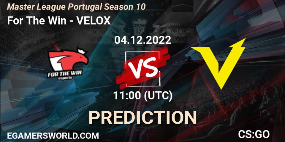 For The Win contre VELOX : prédiction de match. 04.12.2022 at 11:00. Counter-Strike (CS2), Master League Portugal Season 10