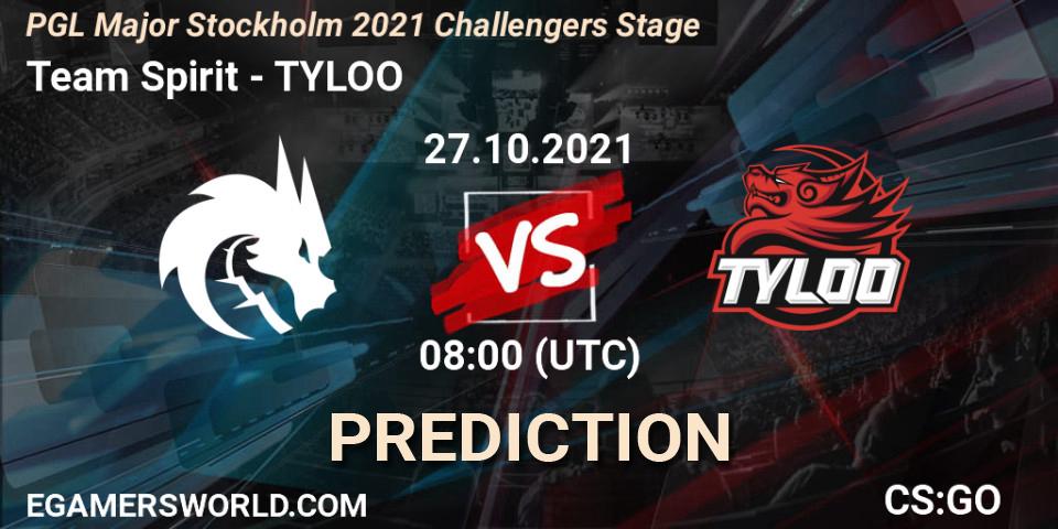 Team Spirit contre TYLOO : prédiction de match. 27.10.2021 at 08:10. Counter-Strike (CS2), PGL Major Stockholm 2021 Challengers Stage