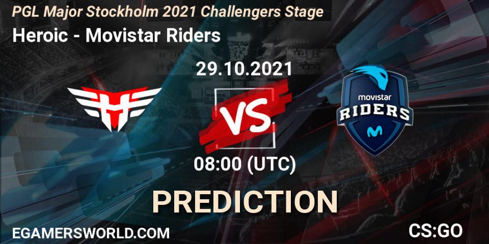 Heroic contre Movistar Riders : prédiction de match. 29.10.2021 at 08:15. Counter-Strike (CS2), PGL Major Stockholm 2021 Challengers Stage