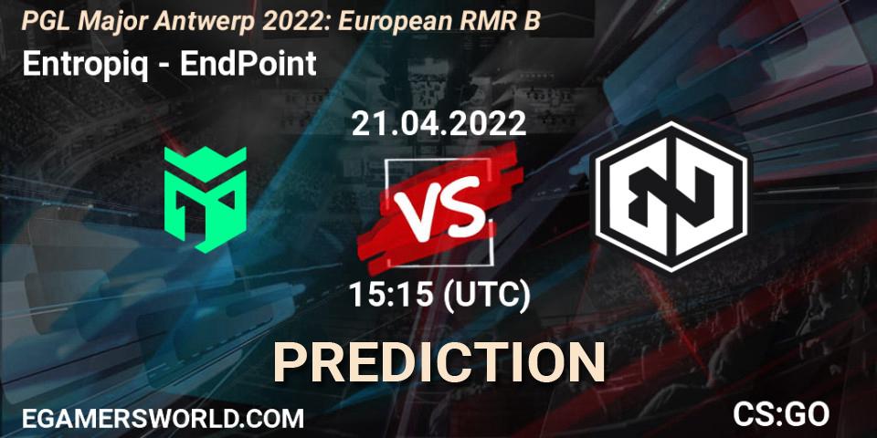 Entropiq contre EndPoint : prédiction de match. 21.04.2022 at 15:40. Counter-Strike (CS2), PGL Major Antwerp 2022: European RMR B