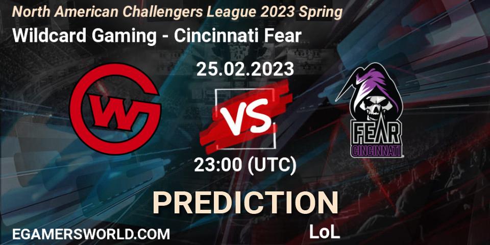Wildcard Gaming contre Cincinnati Fear : prédiction de match. 25.02.2023 at 23:00. LoL, NACL 2023 Spring - Group Stage
