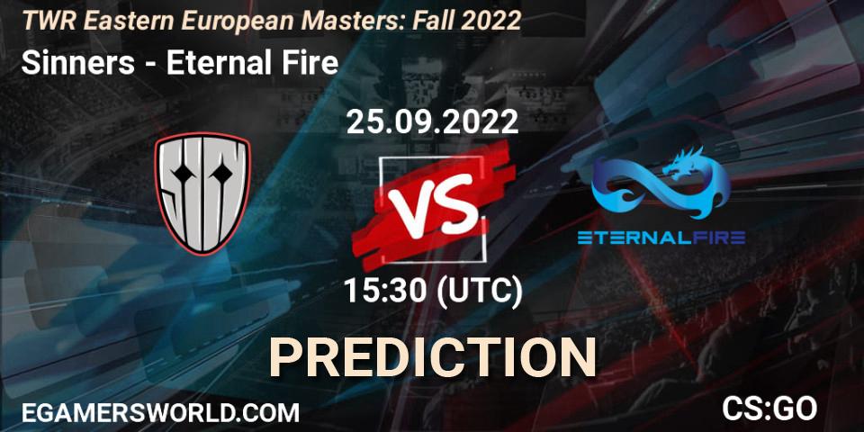 Sinners contre Eternal Fire : prédiction de match. 25.09.2022 at 20:15. Counter-Strike (CS2), TWR Eastern European Masters: Fall 2022
