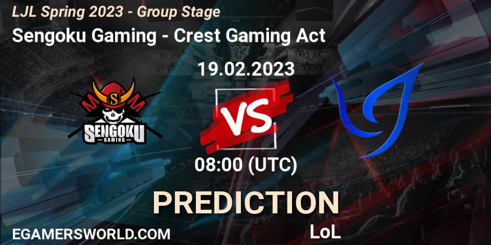 Sengoku Gaming contre Crest Gaming Act : prédiction de match. 19.02.2023 at 08:00. LoL, LJL Spring 2023 - Group Stage