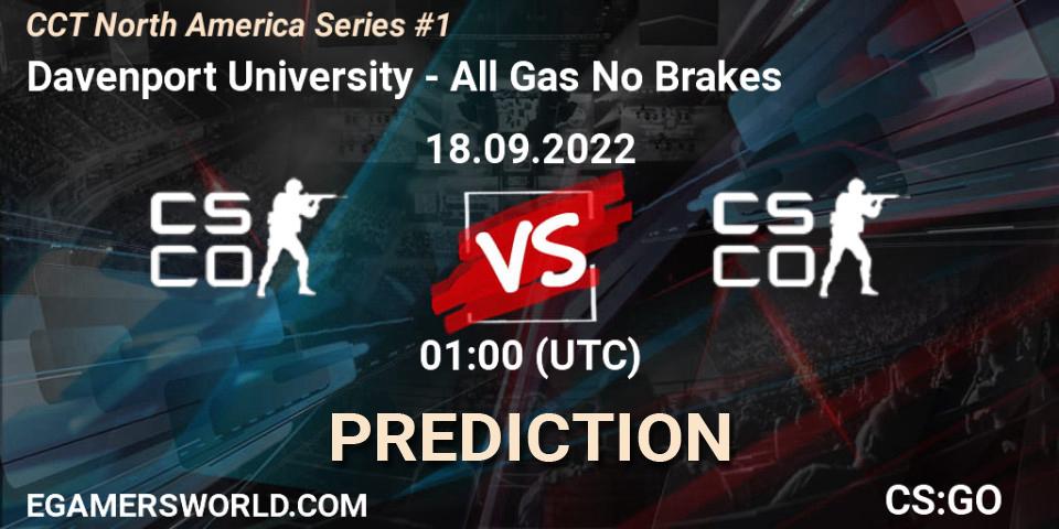 Davenport University contre All Gas No Brakes : prédiction de match. 18.09.2022 at 01:00. Counter-Strike (CS2), CCT North America Series #1