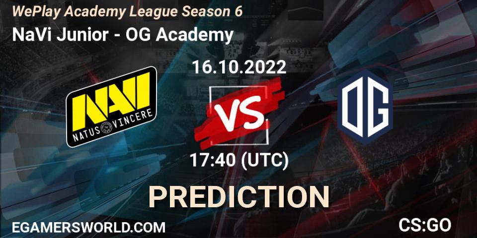 NaVi Junior contre OG Academy : prédiction de match. 28.10.2022 at 15:55. Counter-Strike (CS2), WePlay Academy League Season 6