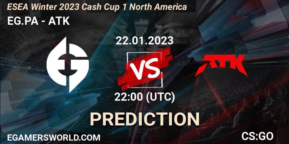 EG.PA contre ATK : prédiction de match. 22.01.2023 at 22:05. Counter-Strike (CS2), ESEA Cash Cup: North America - Winter 2023 #1