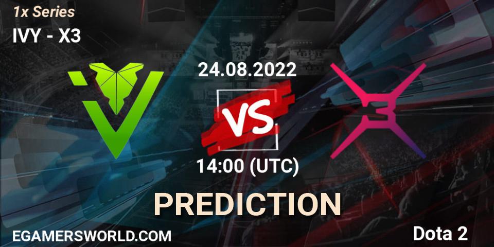 IVY contre X3 : prédiction de match. 24.08.2022 at 14:00. Dota 2, 1x Series