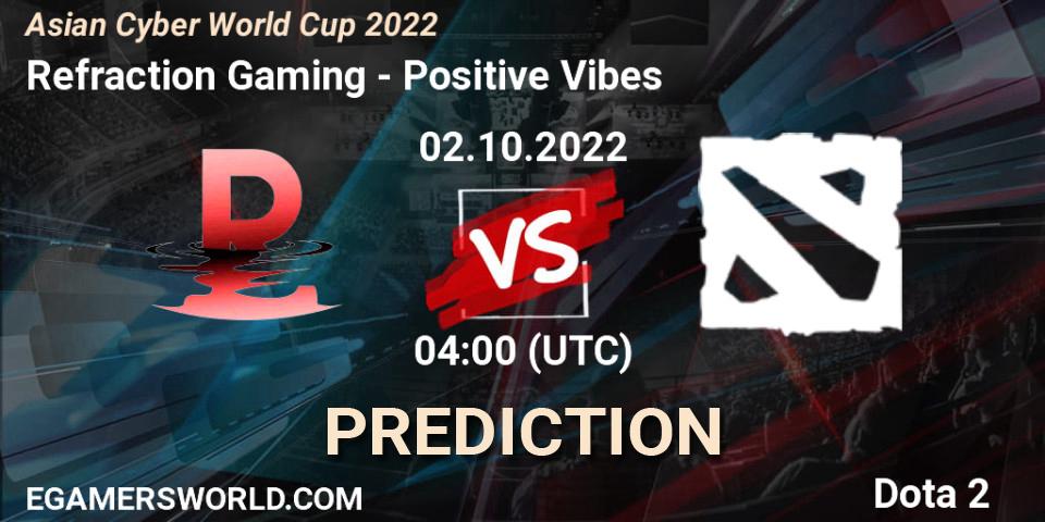 Refraction Gaming contre Positive Vibes : prédiction de match. 02.10.2022 at 04:14. Dota 2, Asian Cyber World Cup 2022