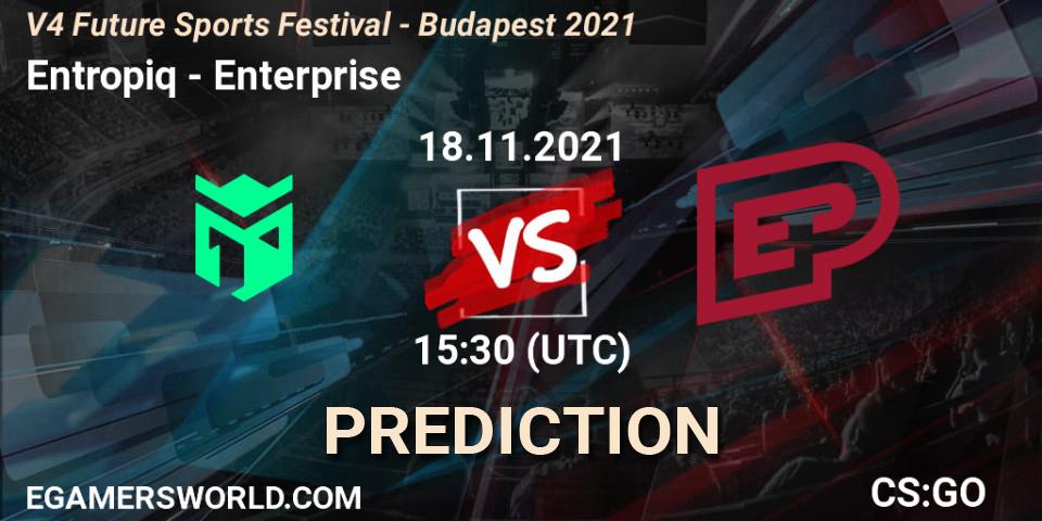 Entropiq contre Enterprise : prédiction de match. 18.11.2021 at 15:30. Counter-Strike (CS2), V4 Future Sports Festival - Budapest 2021