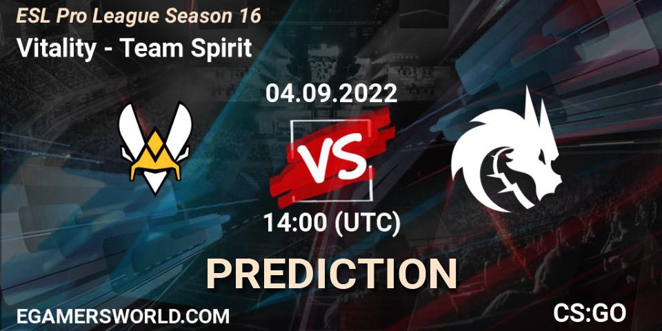 Vitality contre Team Spirit : prédiction de match. 04.09.2022 at 17:30. Counter-Strike (CS2), ESL Pro League Season 16