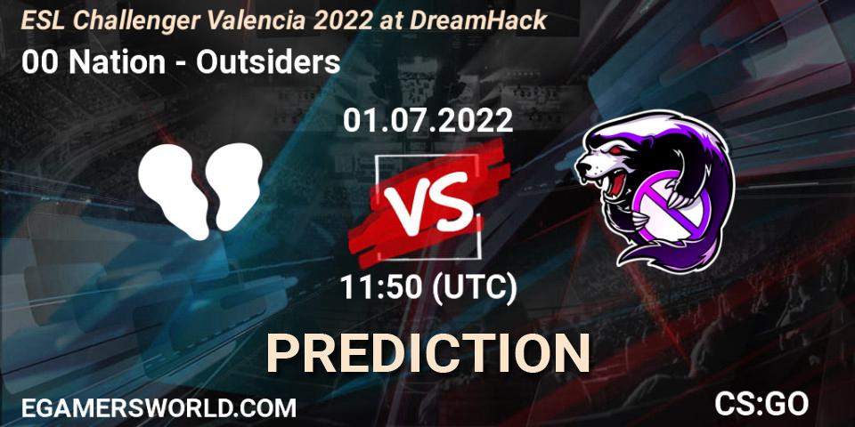 00 Nation contre Outsiders : prédiction de match. 01.07.2022 at 12:00. Counter-Strike (CS2), ESL Challenger Valencia 2022 at DreamHack