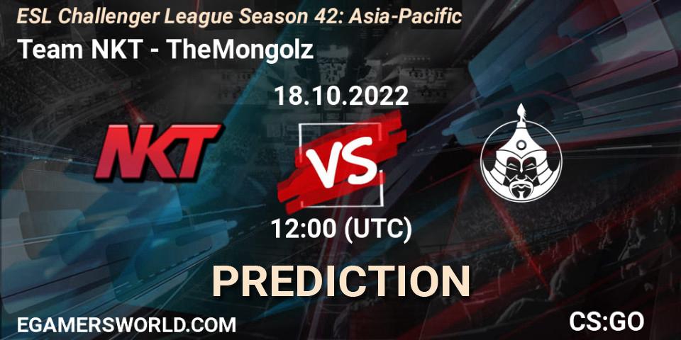 Team NKT contre TheMongolz : prédiction de match. 18.10.2022 at 12:00. Counter-Strike (CS2), ESL Challenger League Season 42: Asia-Pacific