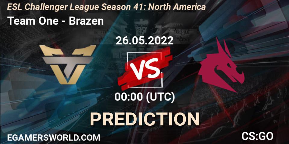 Team One contre Brazen : prédiction de match. 26.05.2022 at 00:00. Counter-Strike (CS2), ESL Challenger League Season 41: North America