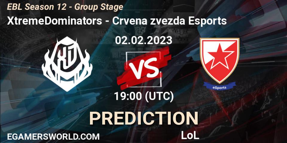 XtremeDominators contre Crvena zvezda Esports : prédiction de match. 02.02.2023 at 19:00. LoL, EBL Season 12 - Group Stage