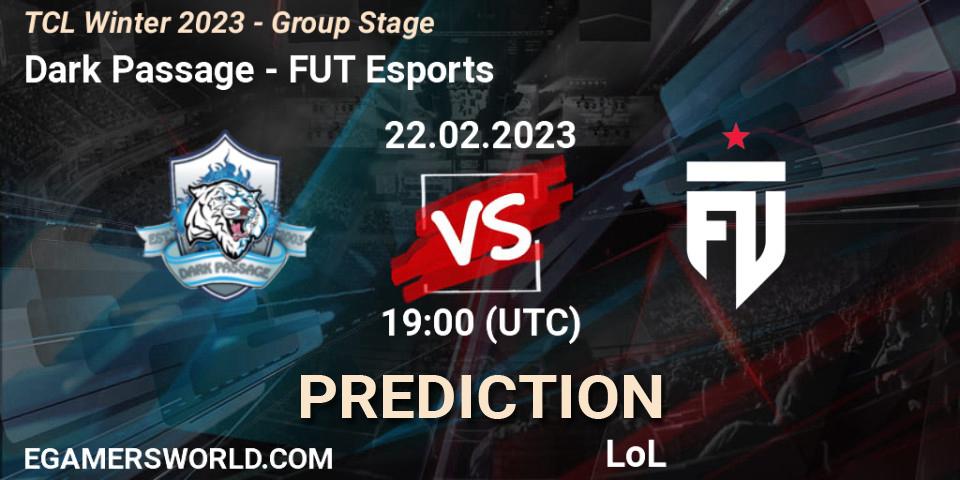 Dark Passage contre FUT Esports : prédiction de match. 04.03.2023 at 19:00. LoL, TCL Winter 2023 - Group Stage