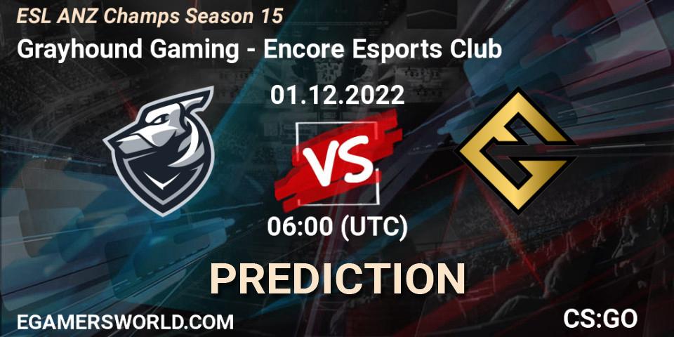 Grayhound Gaming contre Encore Esports Club : prédiction de match. 01.12.2022 at 06:00. Counter-Strike (CS2), ESL ANZ Champs Season 15