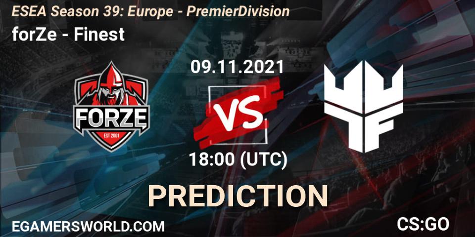 forZe contre Finest : prédiction de match. 09.11.2021 at 18:00. Counter-Strike (CS2), ESEA Season 39: Europe - Premier Division