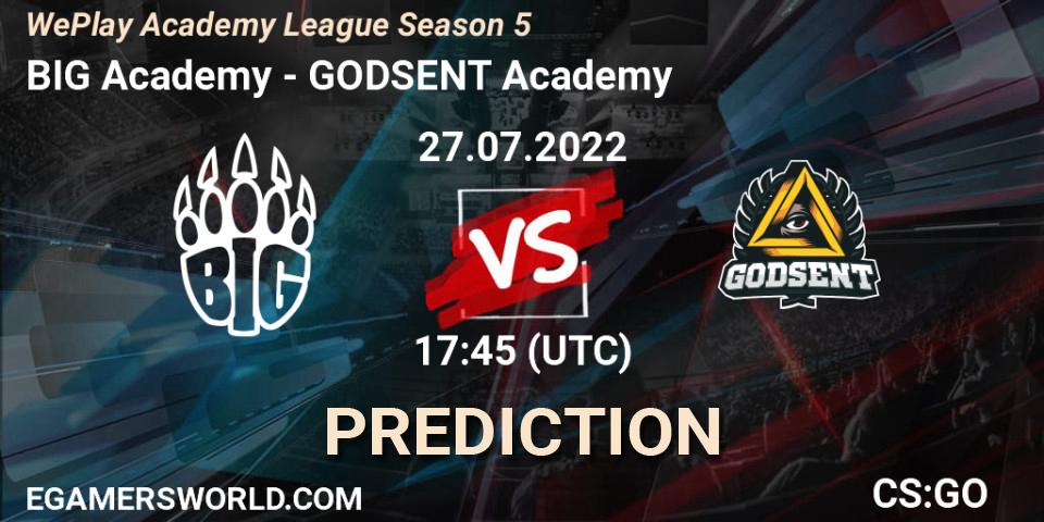 BIG Academy contre GODSENT Academy : prédiction de match. 27.07.2022 at 17:45. Counter-Strike (CS2), WePlay Academy League Season 5