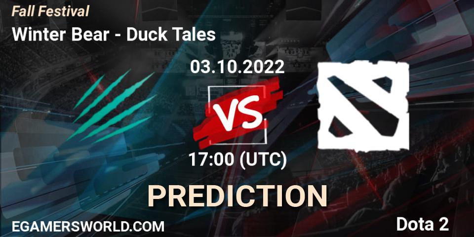 Winter Bear contre Duck Tales : prédiction de match. 03.10.2022 at 17:19. Dota 2, Fall Festival