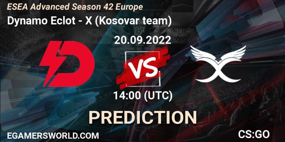 Dynamo Eclot contre X (Kosovar team) : prédiction de match. 20.09.2022 at 14:00. Counter-Strike (CS2), ESEA Season 42: Advanced Division - Europe