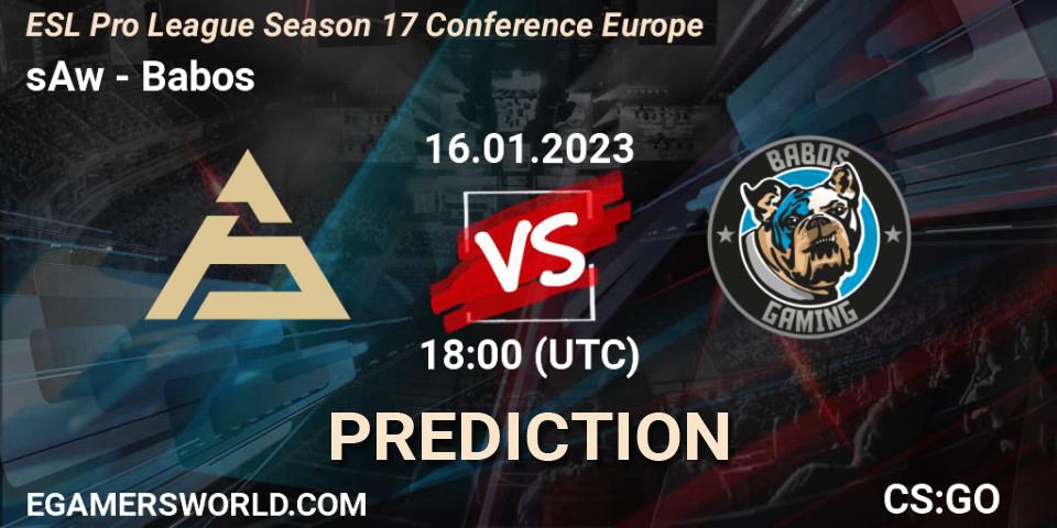sAw contre Babos : prédiction de match. 16.01.2023 at 19:30. Counter-Strike (CS2), ESL Pro League Season 17 Conference Europe