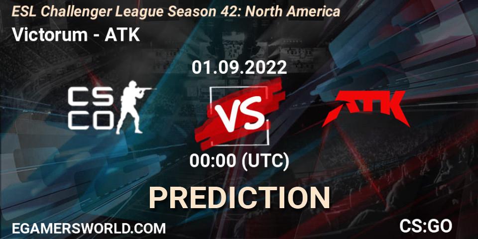 Victorum contre ATK : prédiction de match. 15.09.2022 at 22:00. Counter-Strike (CS2), ESL Challenger League Season 42: North America