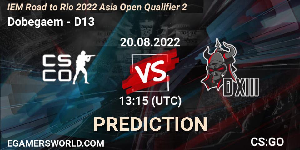 Dobegaem contre D13 : prédiction de match. 20.08.2022 at 13:15. Counter-Strike (CS2), IEM Road to Rio 2022 Asia Open Qualifier 2