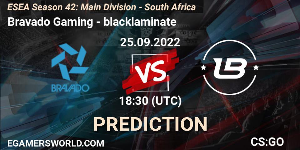 Bravado Gaming contre blacklaminate : prédiction de match. 26.09.2022 at 17:30. Counter-Strike (CS2), ESEA Season 42: Main Division - South Africa
